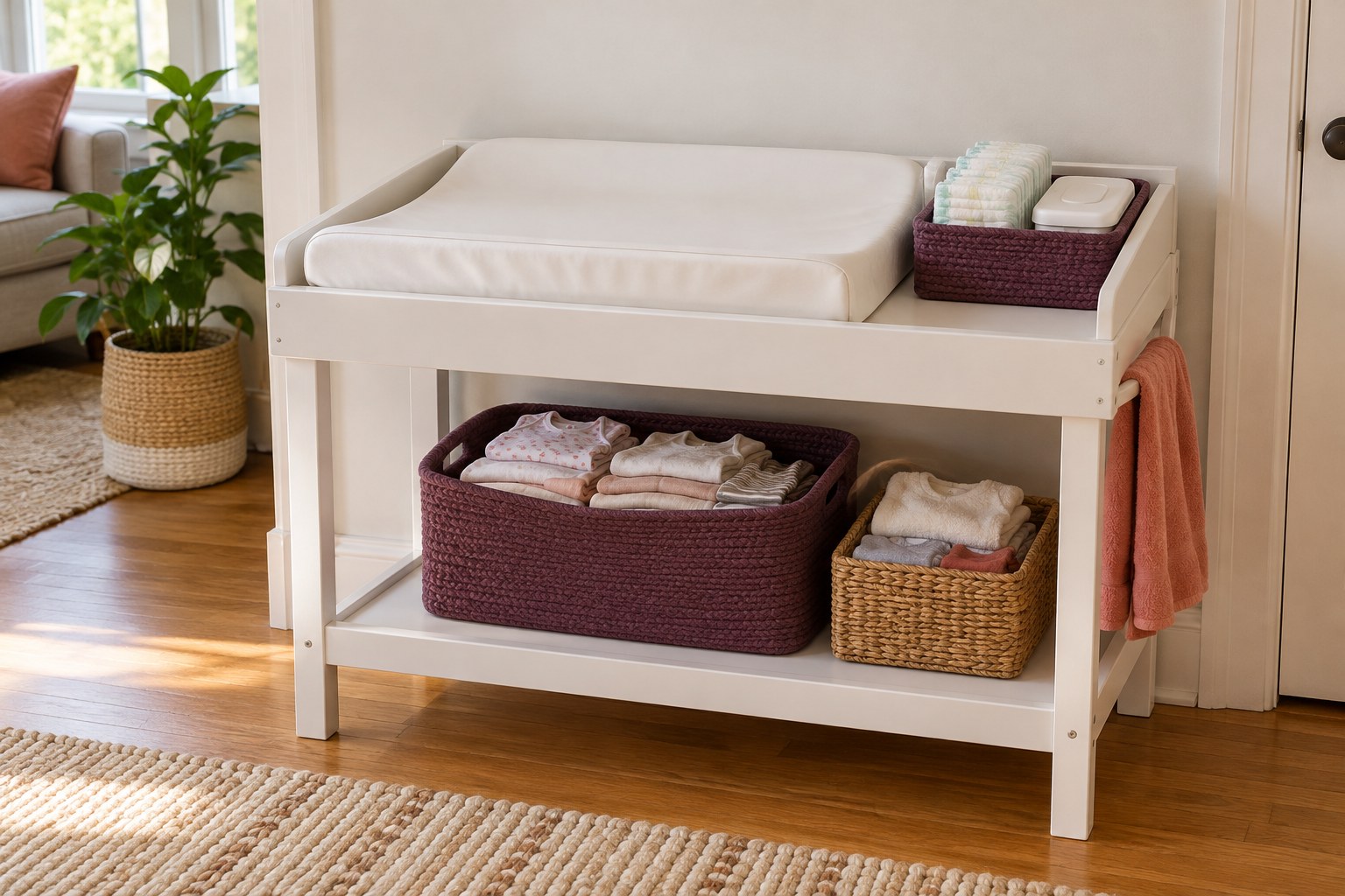 Empty changing table with diapers and wipes stored beside the pad