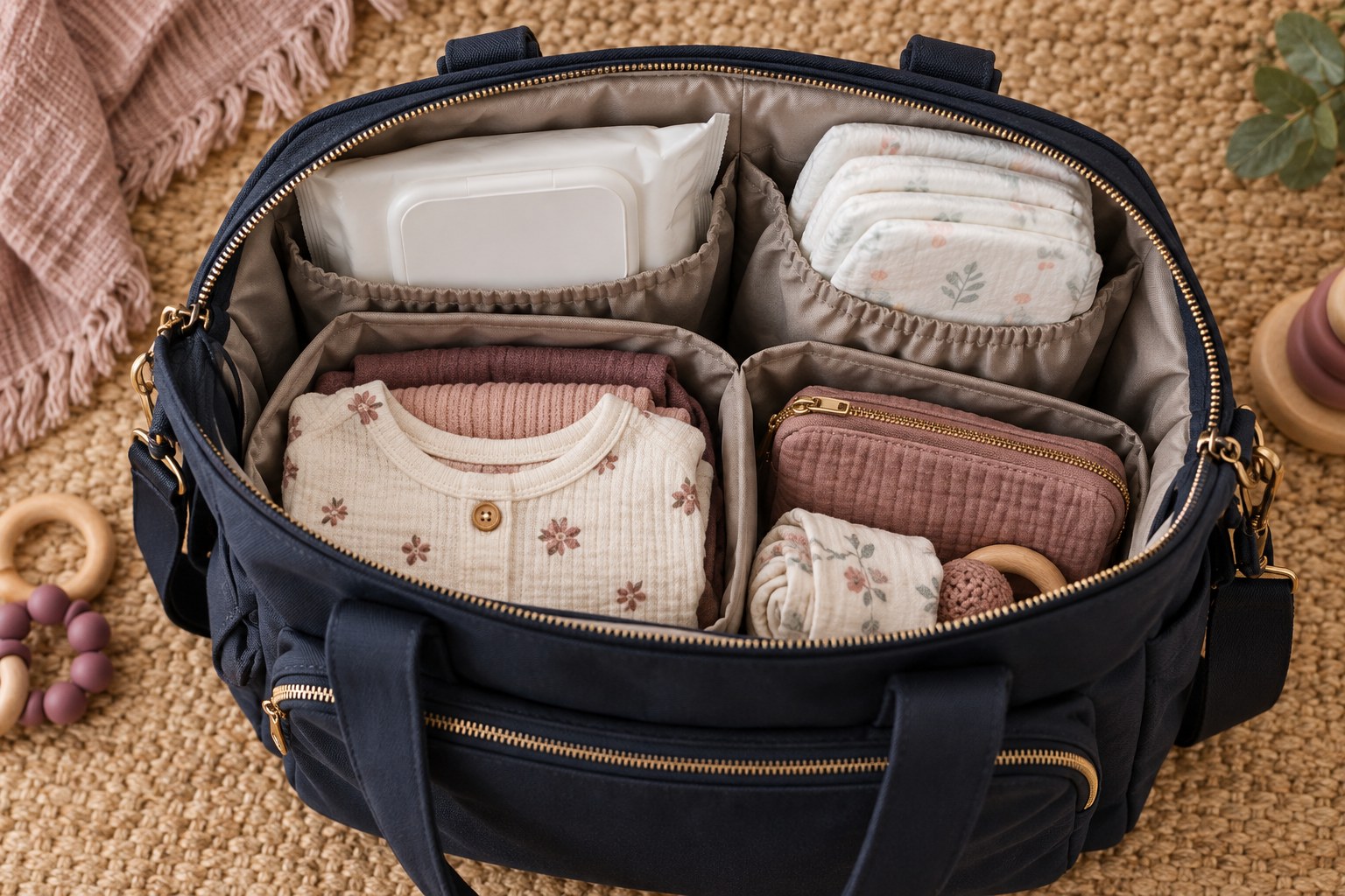 Separate compartments inside an organized diaper bag