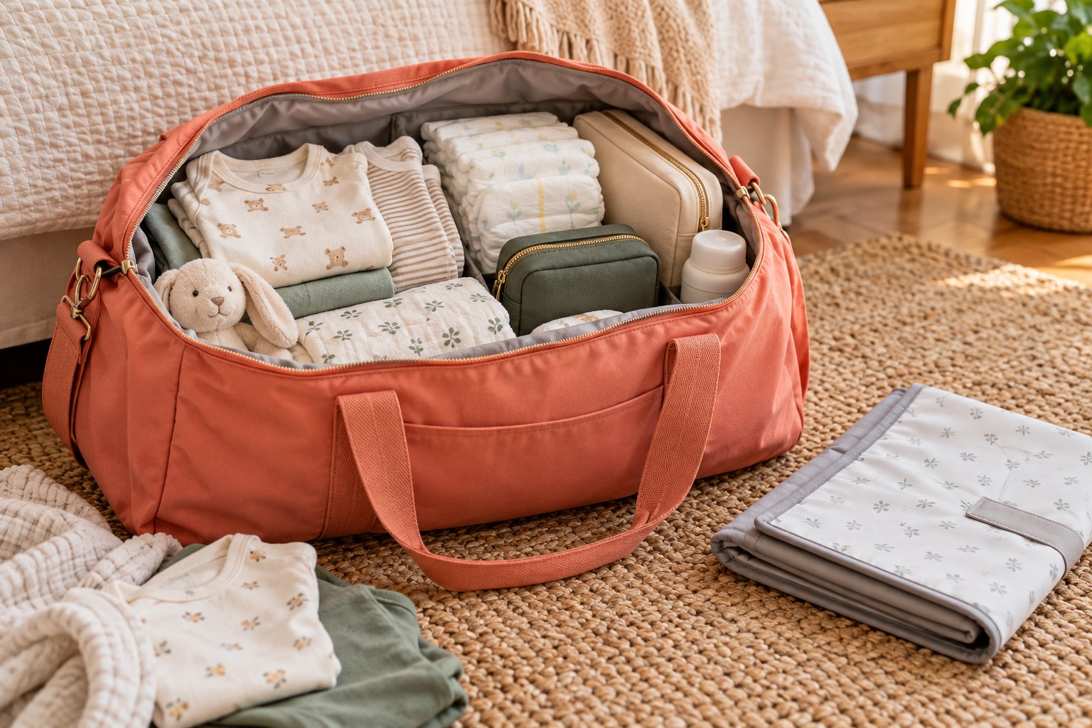 Weekend bag packed with baby clothes and changing supplies