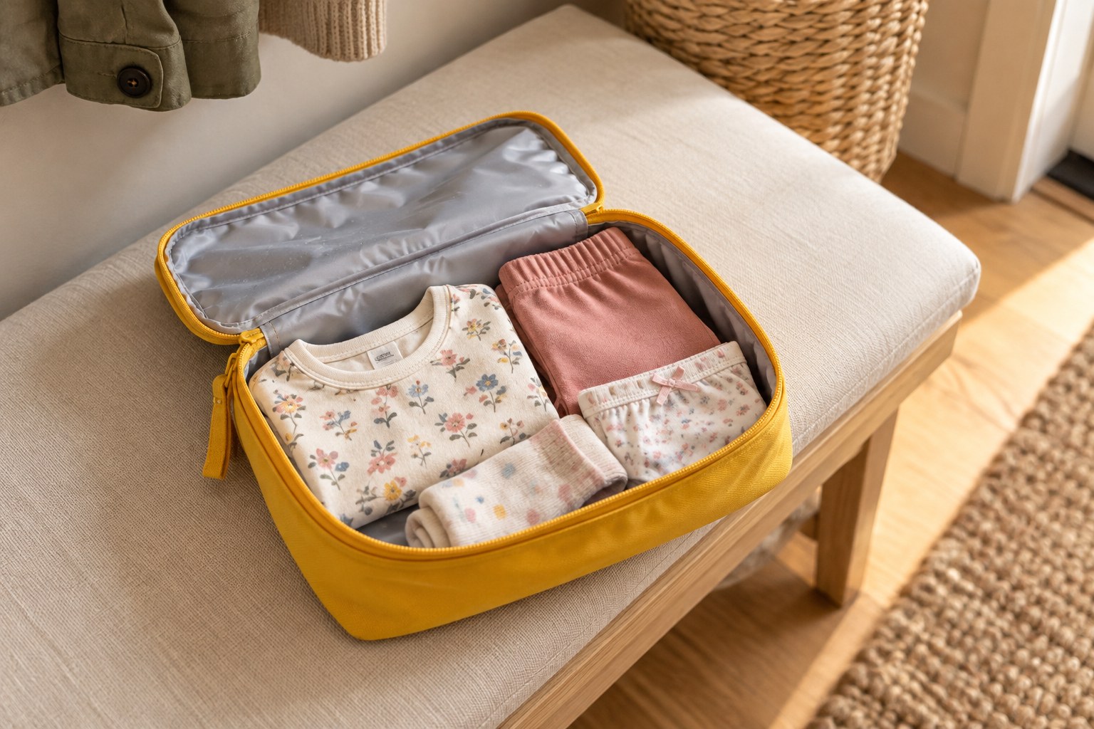 Spare toddler clothes inside a zip pouch