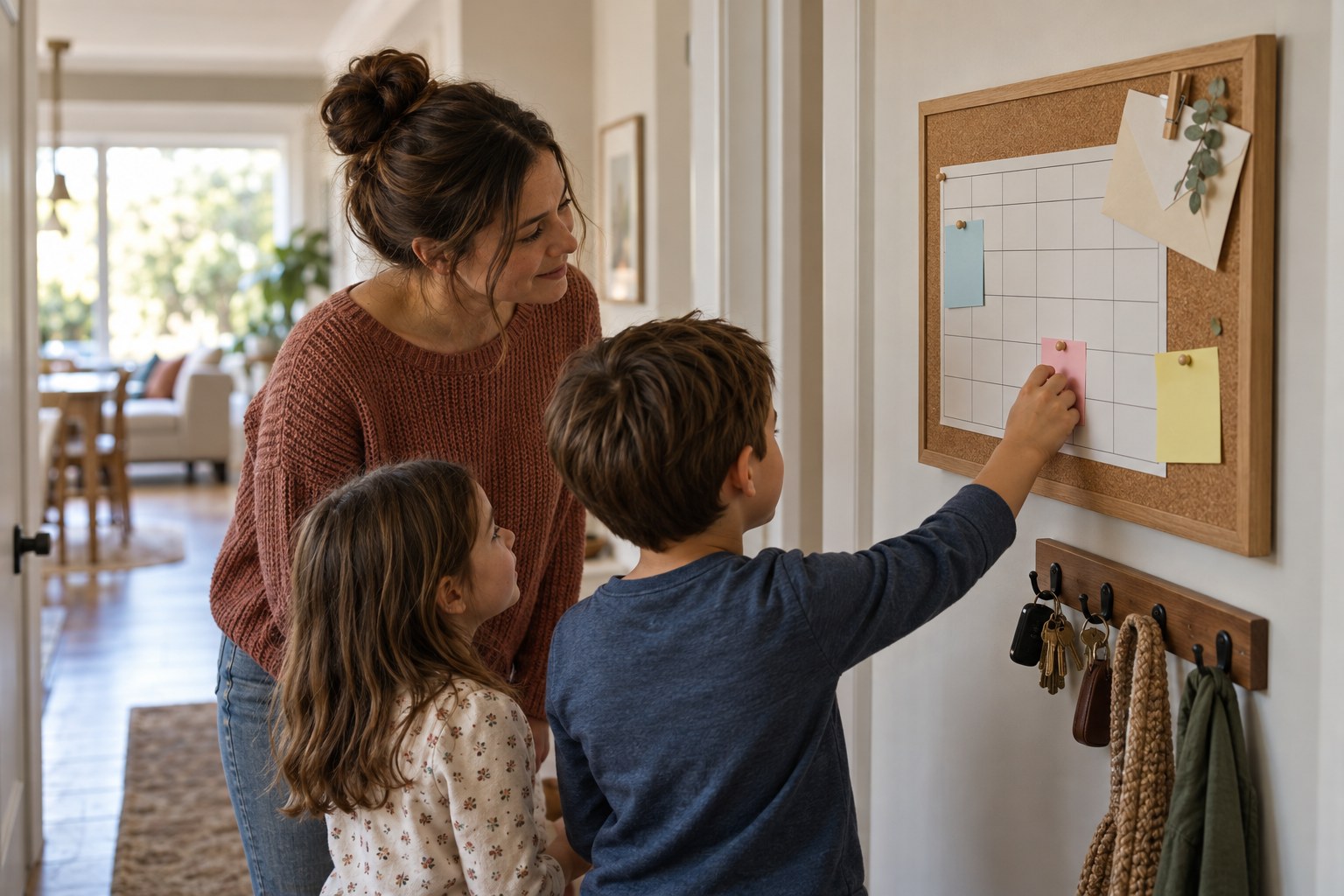 Family placing notes on a hallway noticeboard