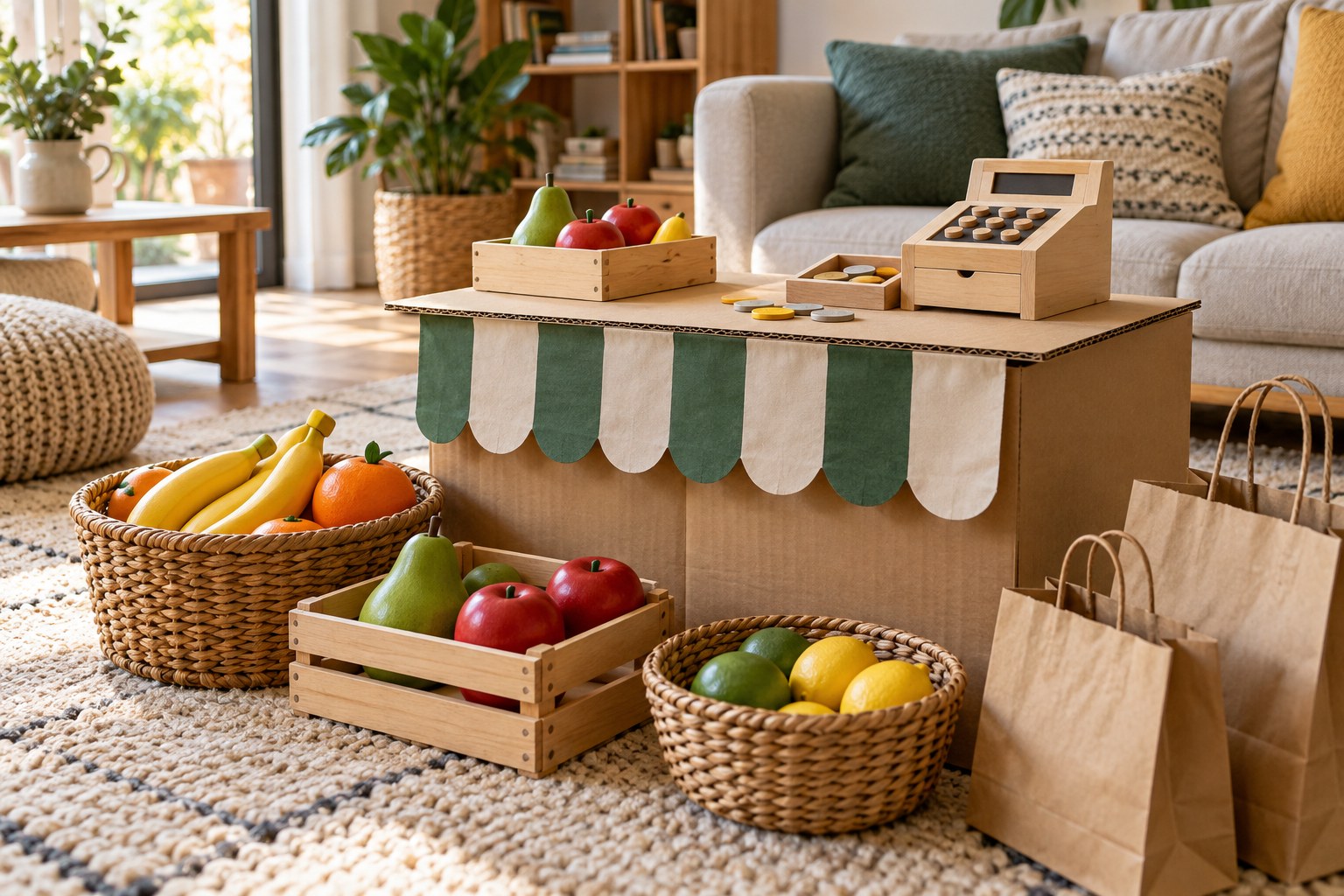 Cardboard pretend shop with toy fruit and shopping bags