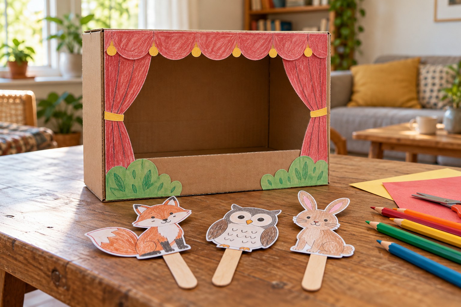 Paper animal puppets and a cardboard tabletop theatre