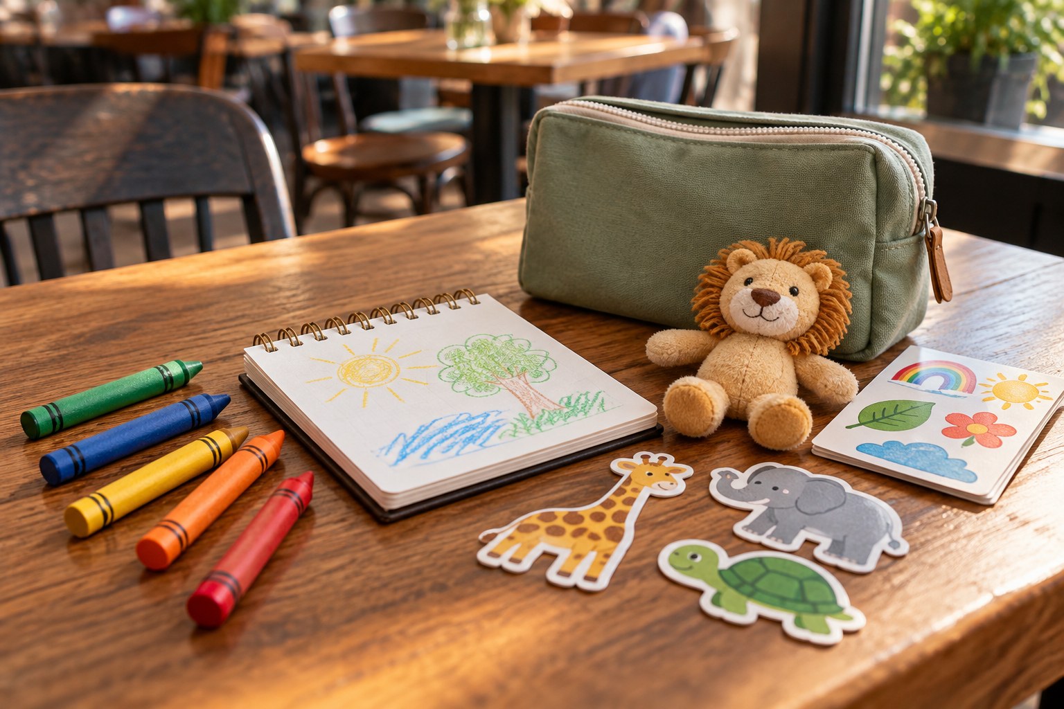 Crayons, stickers and a sketchbook beside a small activity pouch