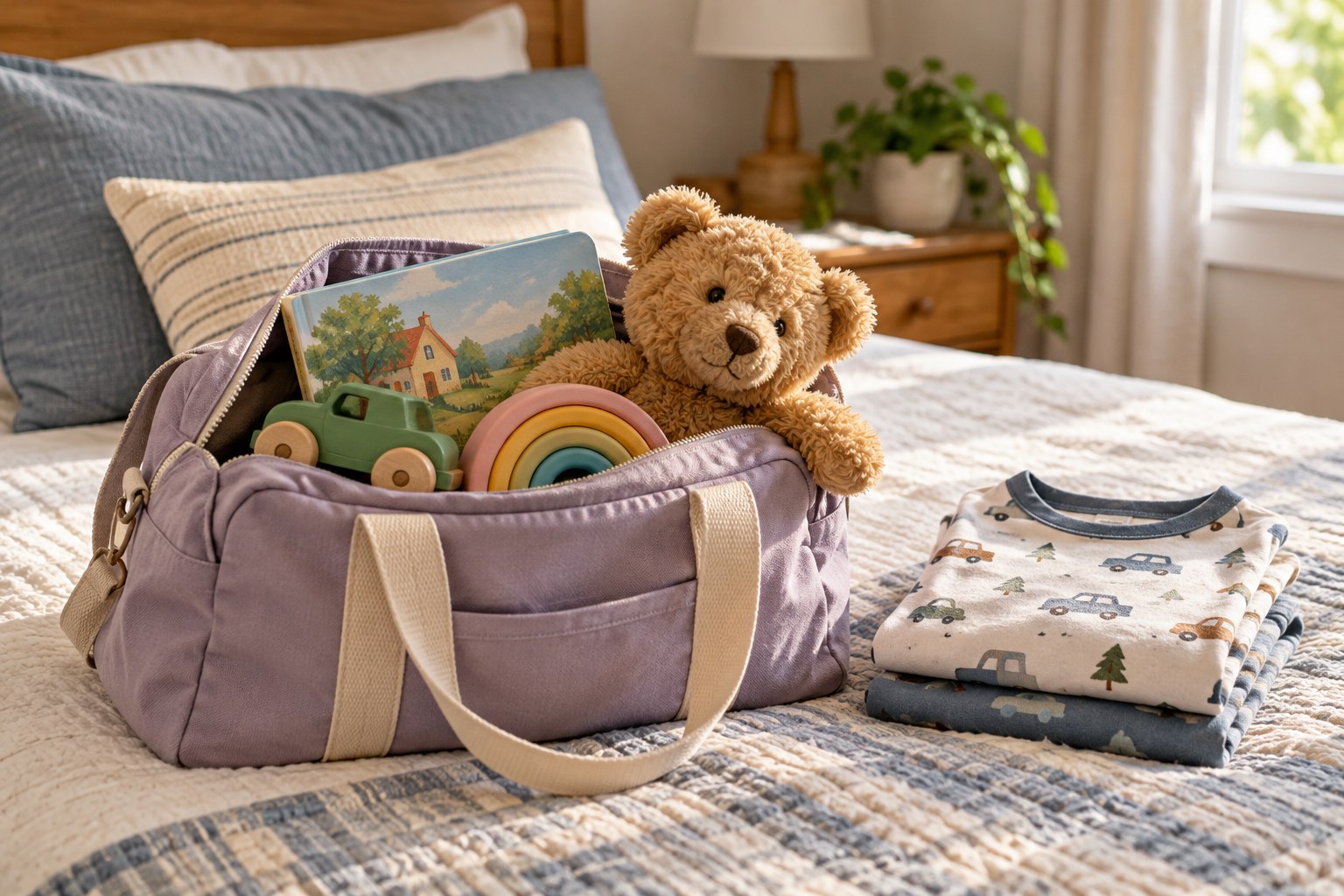 Small overnight tote containing a book and a few toys