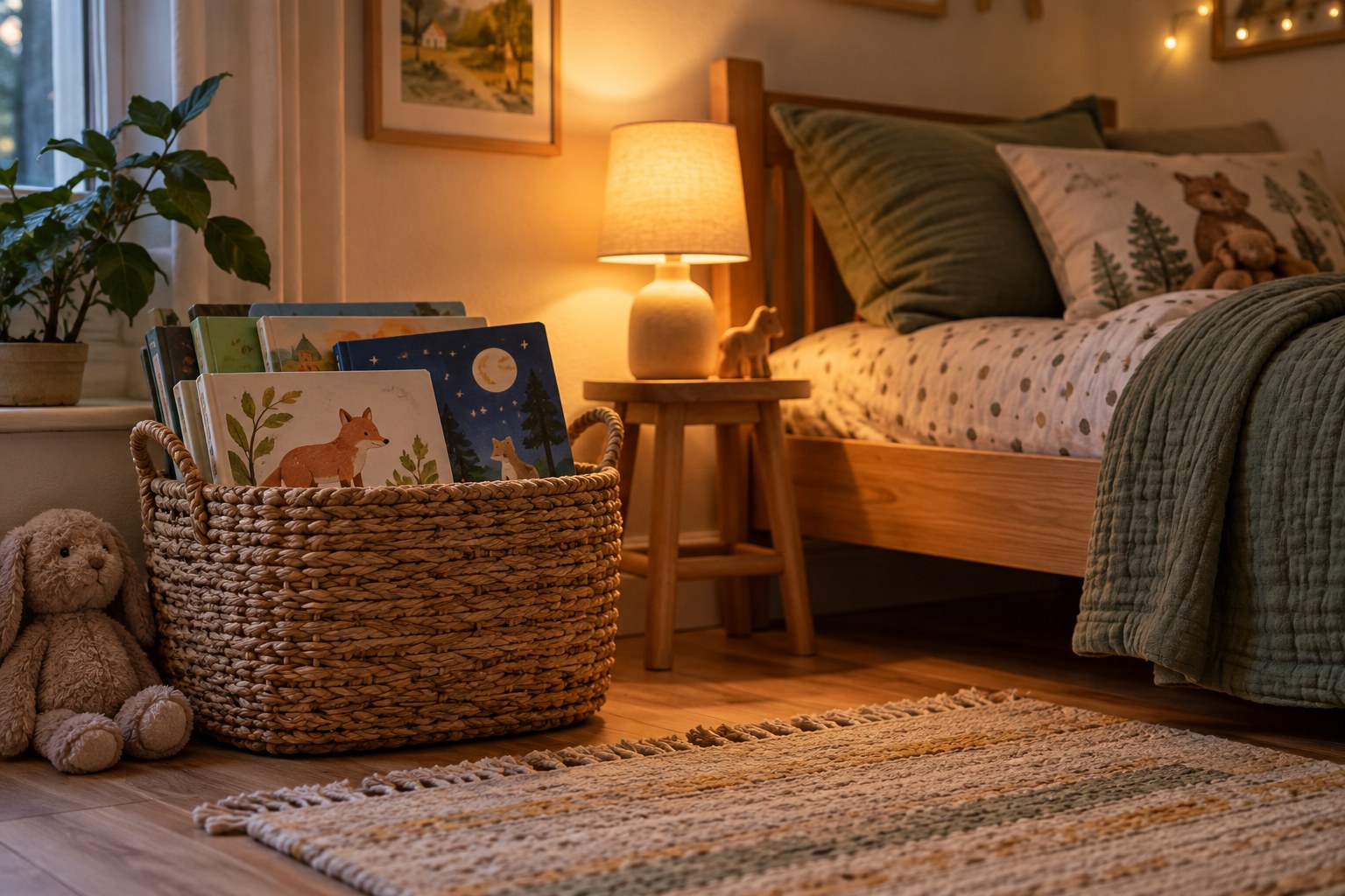Picture books in a basket beside a child's bed