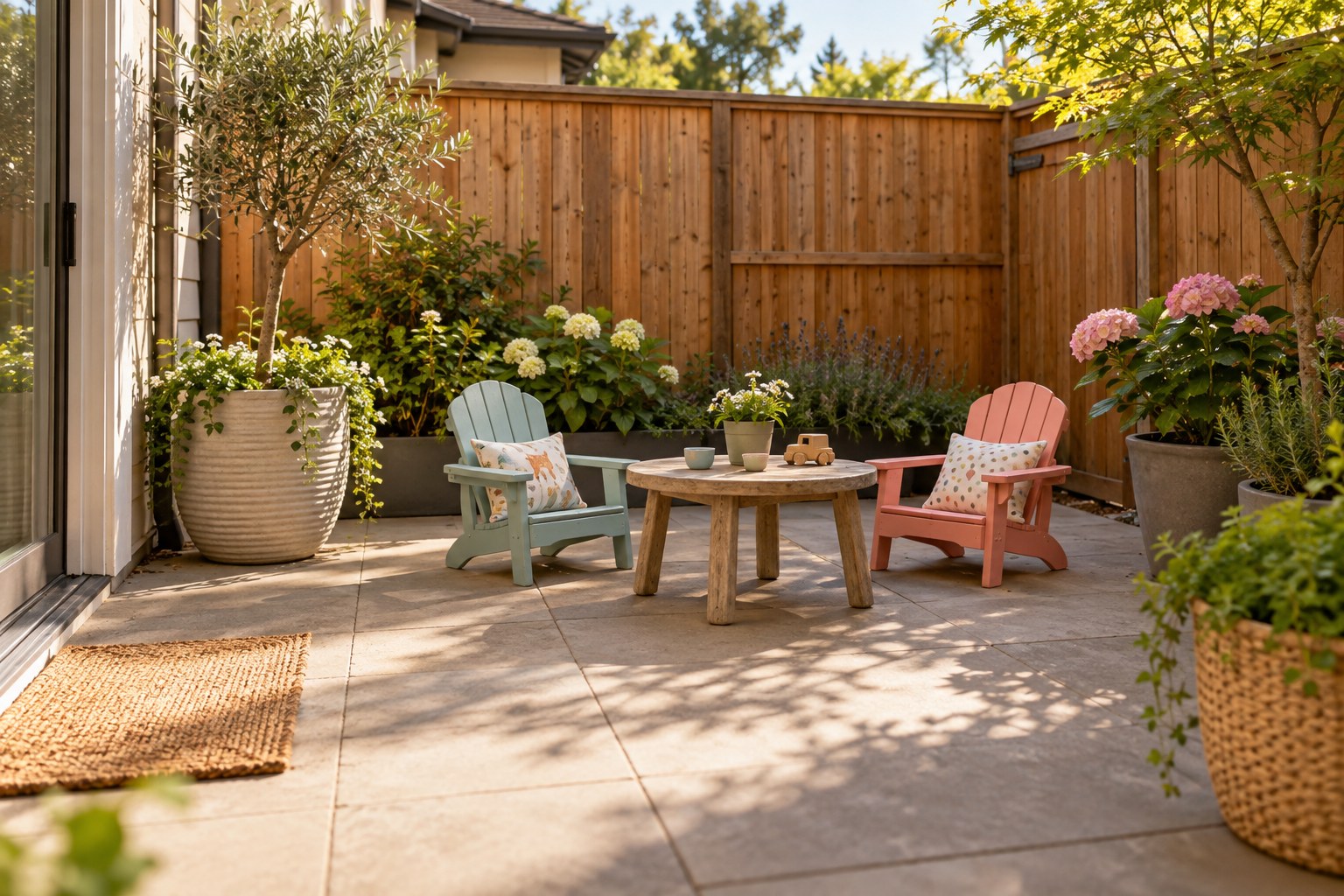Small enclosed patio with child-size chairs and a table